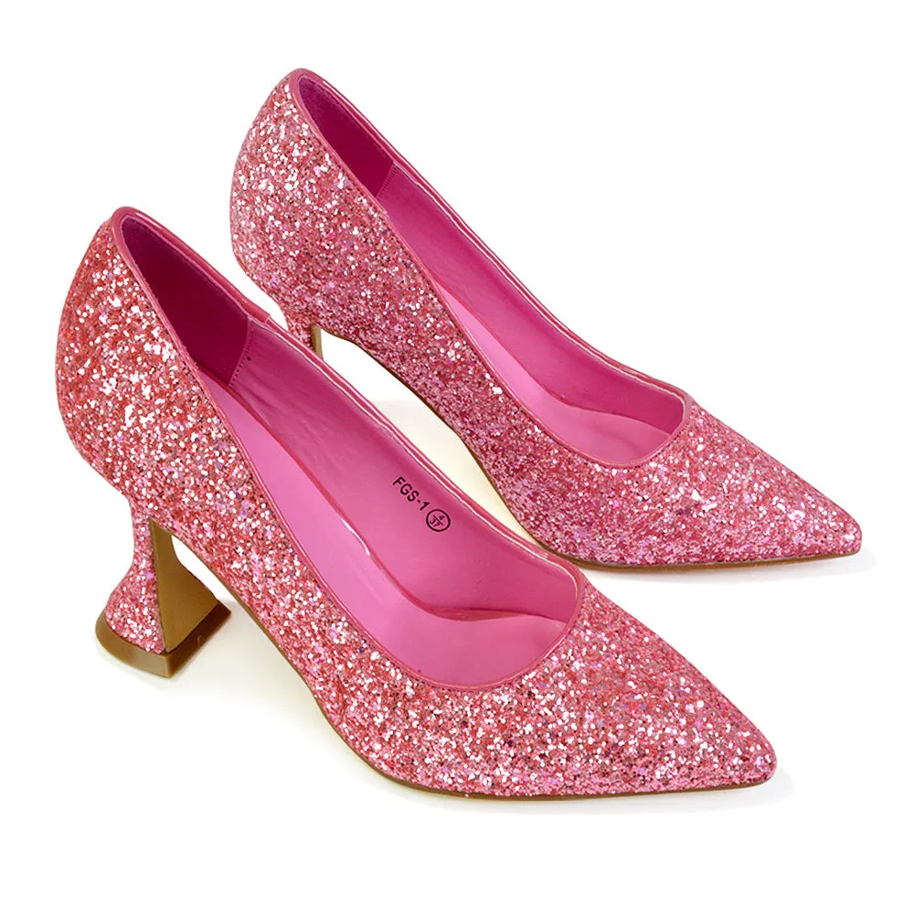 Dragonfruit Glitter Pumps Pointed Toe Sparkly Glitter Heel Court Shoes in Silver