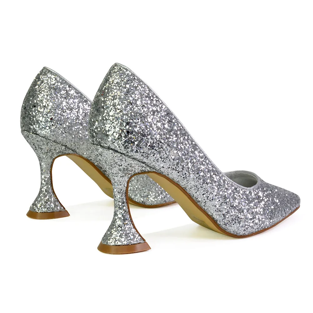 Dragonfruit Glitter Pumps Pointed Toe Sparkly Glitter Heel Court Shoes in Silver