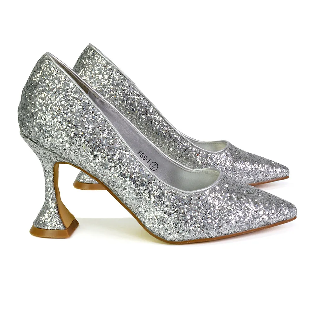 Dragonfruit Glitter Pumps Pointed Toe Sparkly Glitter Heel Court Shoes in Silver