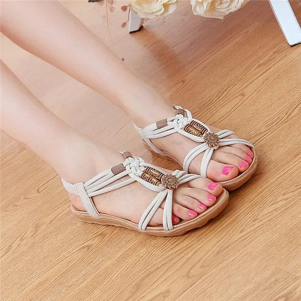 Flower Bead Knitting Clip Toe Slip On Flat Beach Outdoor Sandals