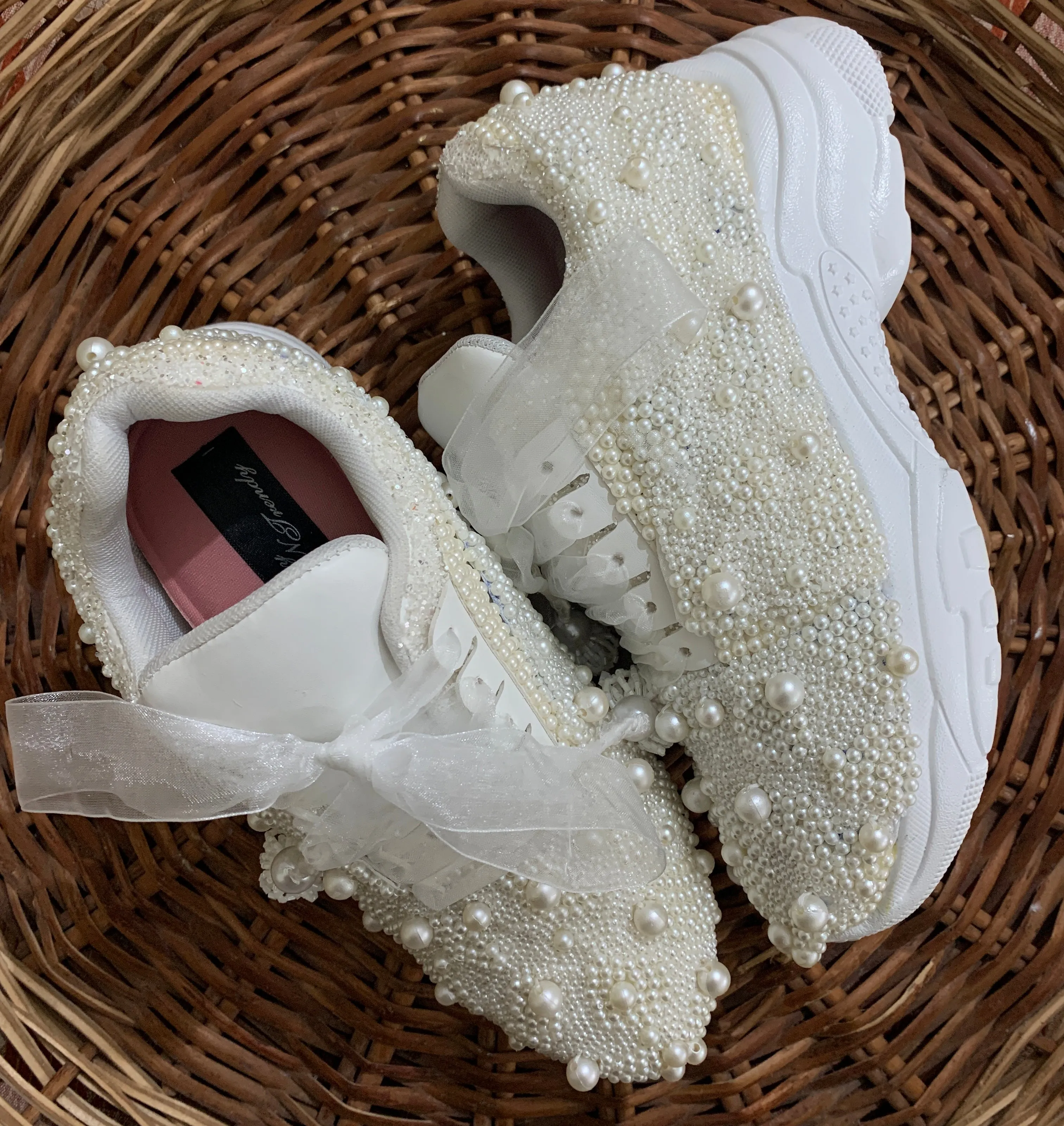 Funky N Trendy white pearl hand work sneakers / bridal sneakers/ sneaker for bride / white sneakers/ pearl sneakers for bride