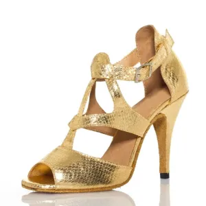 Gold Snakeskin Print Salsa Dance High Heels Latin Ballroom Dance Shoes