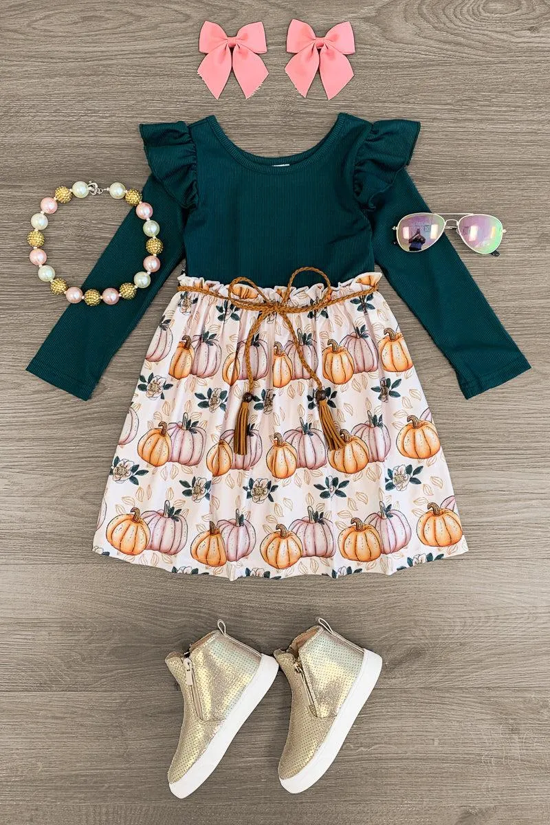 Green & Pink Pumpkins & Fall Leaves Dress