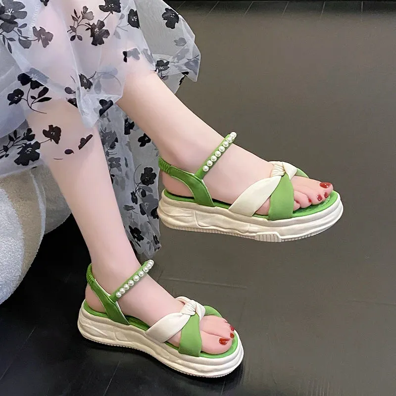 Hnzxzm Microfiber Tied Upper Women's Sandals Platform Summer Sandals Shoes for Women Heightened 4.5cm Open Toe Ladies Beach Sandals