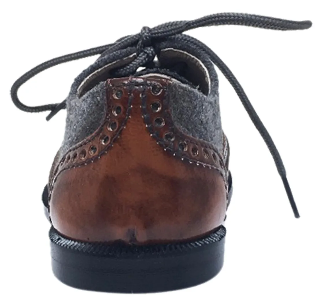 Hoo Shoes Boy's and Girl's Abe's Wingtip Brown Leather Grey Felt Flannel Lace Up Oxford Loafer Shoes