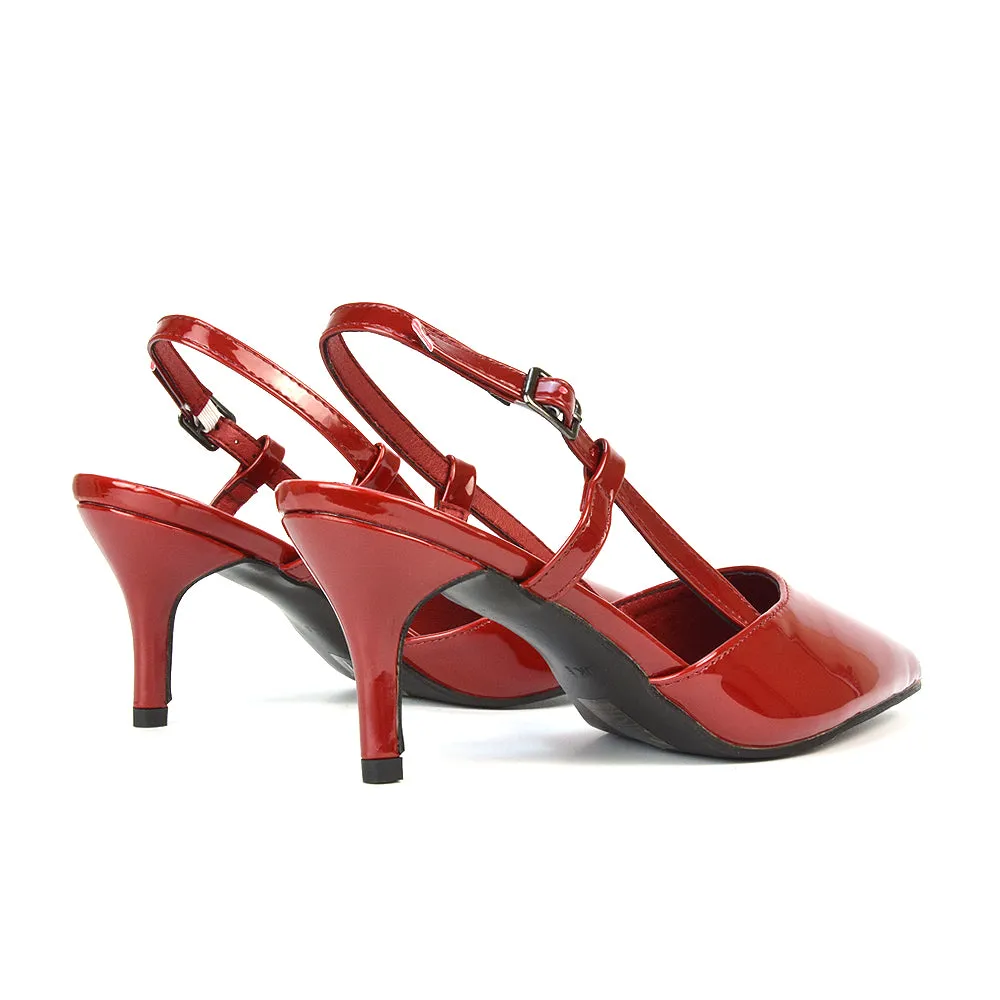 Karla Mid Heel Stilettos Pointed Toe Slingback Court Shoes in Cherry Red Patent