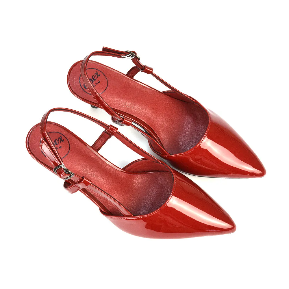 Karla Mid Heel Stilettos Pointed Toe Slingback Court Shoes in Cherry Red Patent