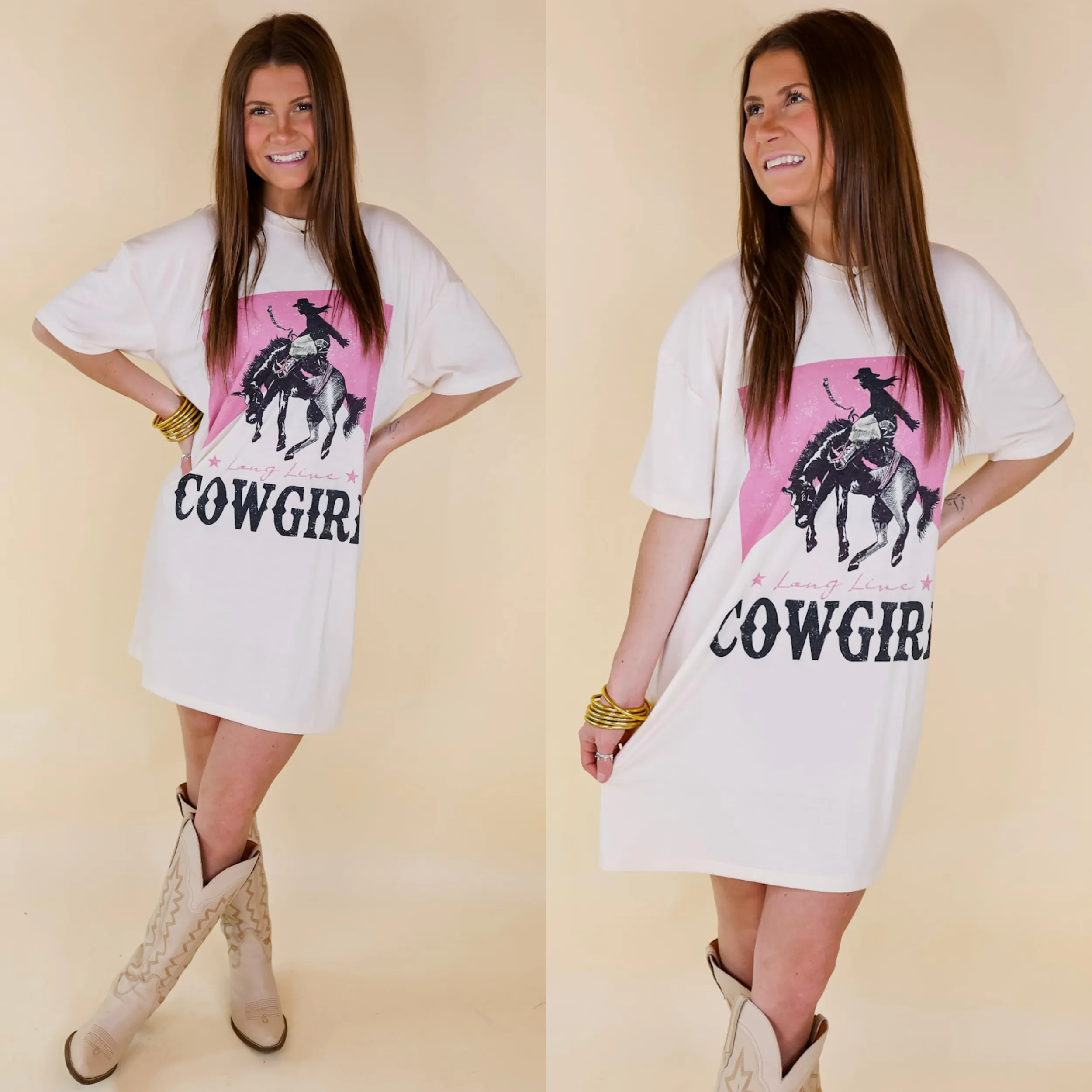 Long Live Cowgirl Short Sleeve Tee Shirt Dress in Cream