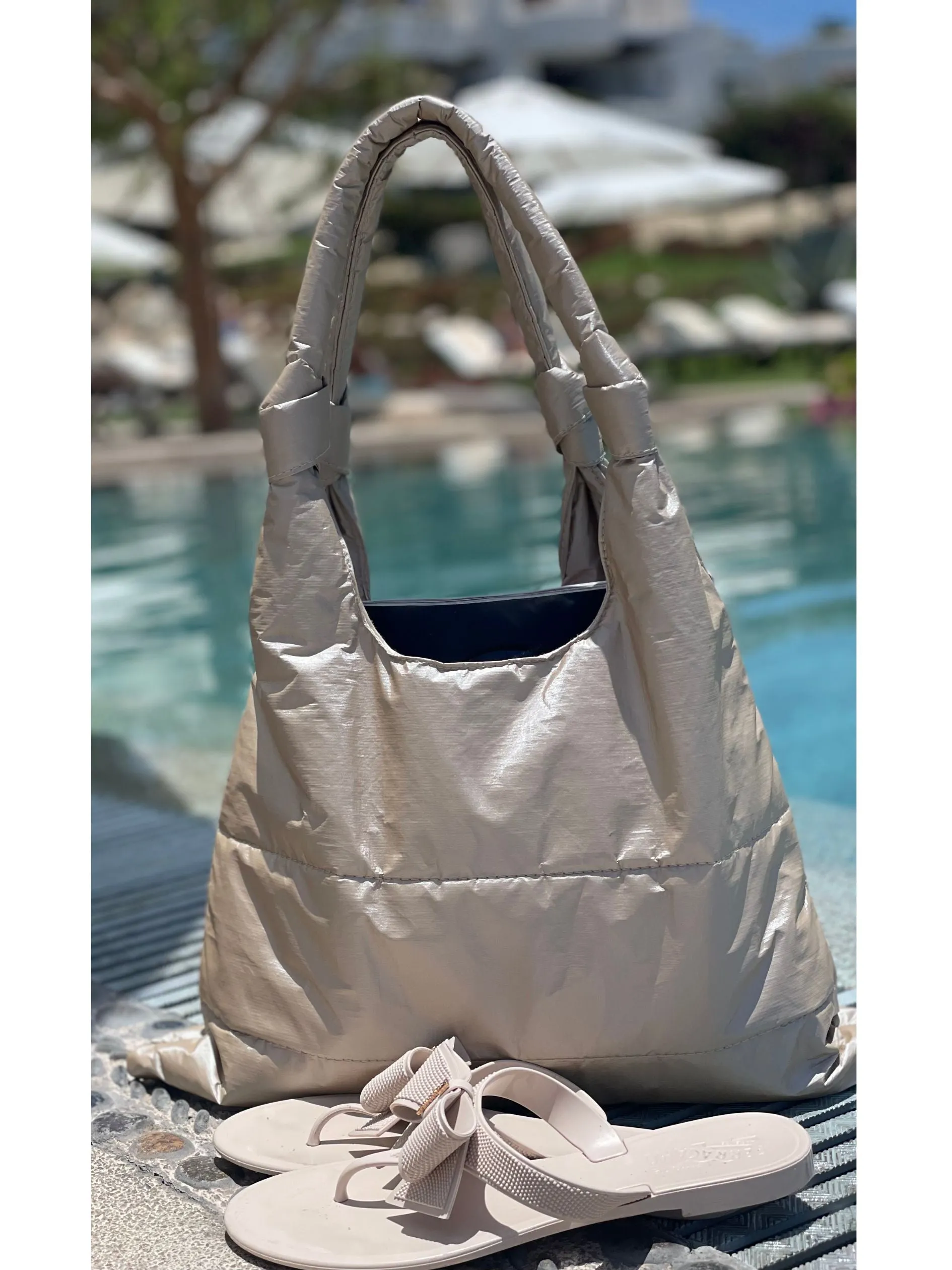 Love Me "Knot" Puffer Purse Tote in Shimmer Beige