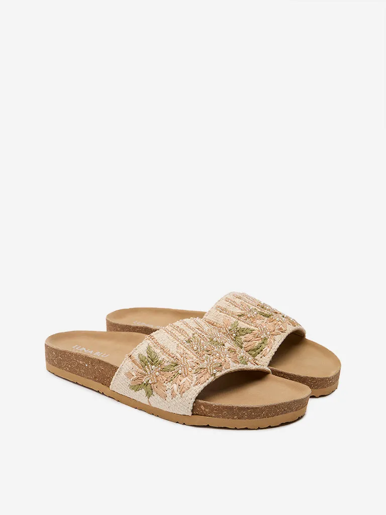 LUNA BLU Beige Embroidered Single Band Slides