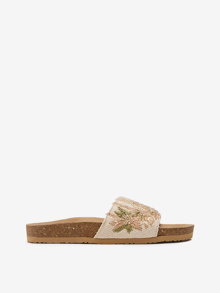 LUNA BLU Beige Embroidered Single Band Slides