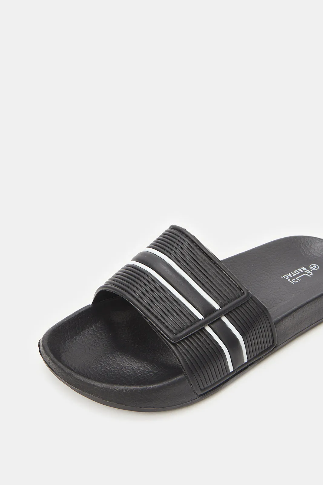 Men Black Stripe Embossed Slide With Velcro