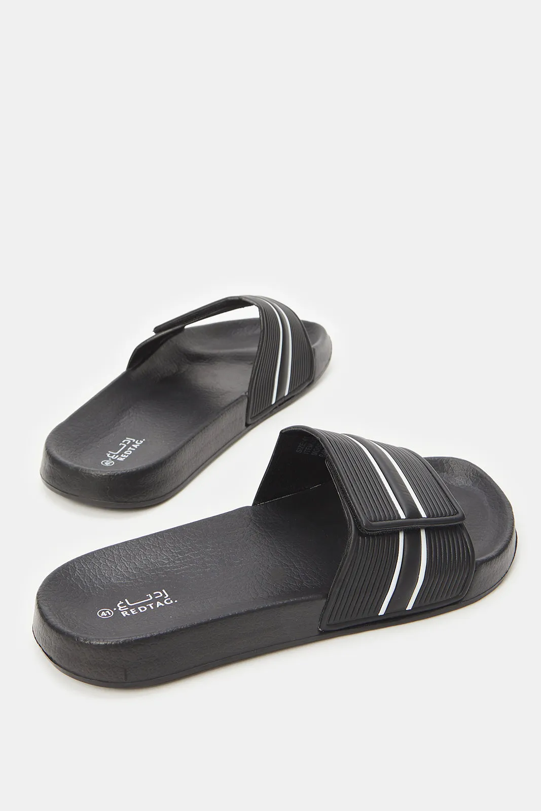 Men Black Stripe Embossed Slide With Velcro