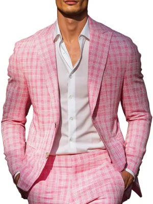 Men's Pink Plaid Single-Breasted Casual Blazer