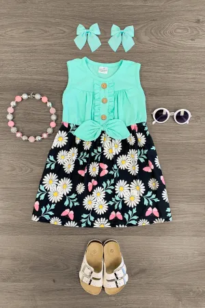 Mint Ruffle Bow & Black Floral Dress