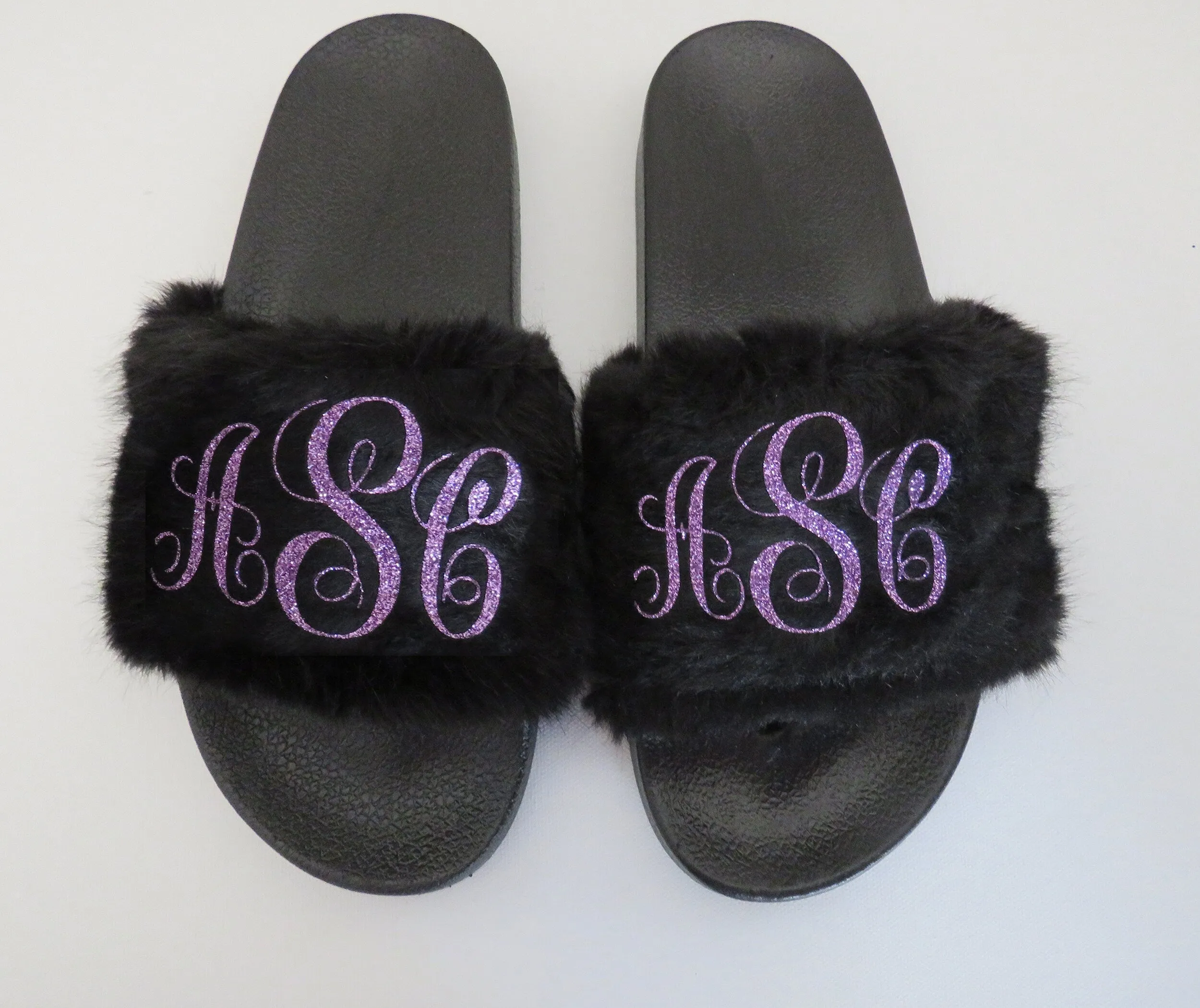 monogramed slippers/  Personalized  Slippers / BLACK fur slippers