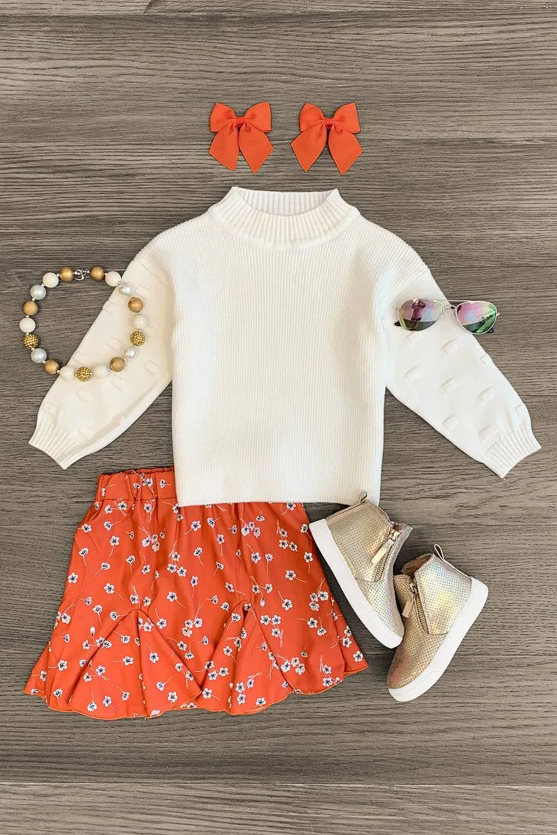 Orange Floral Sweater Skirt Set