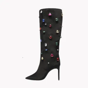 Pre Order:  Gemstones Embellished Knee-High Boots