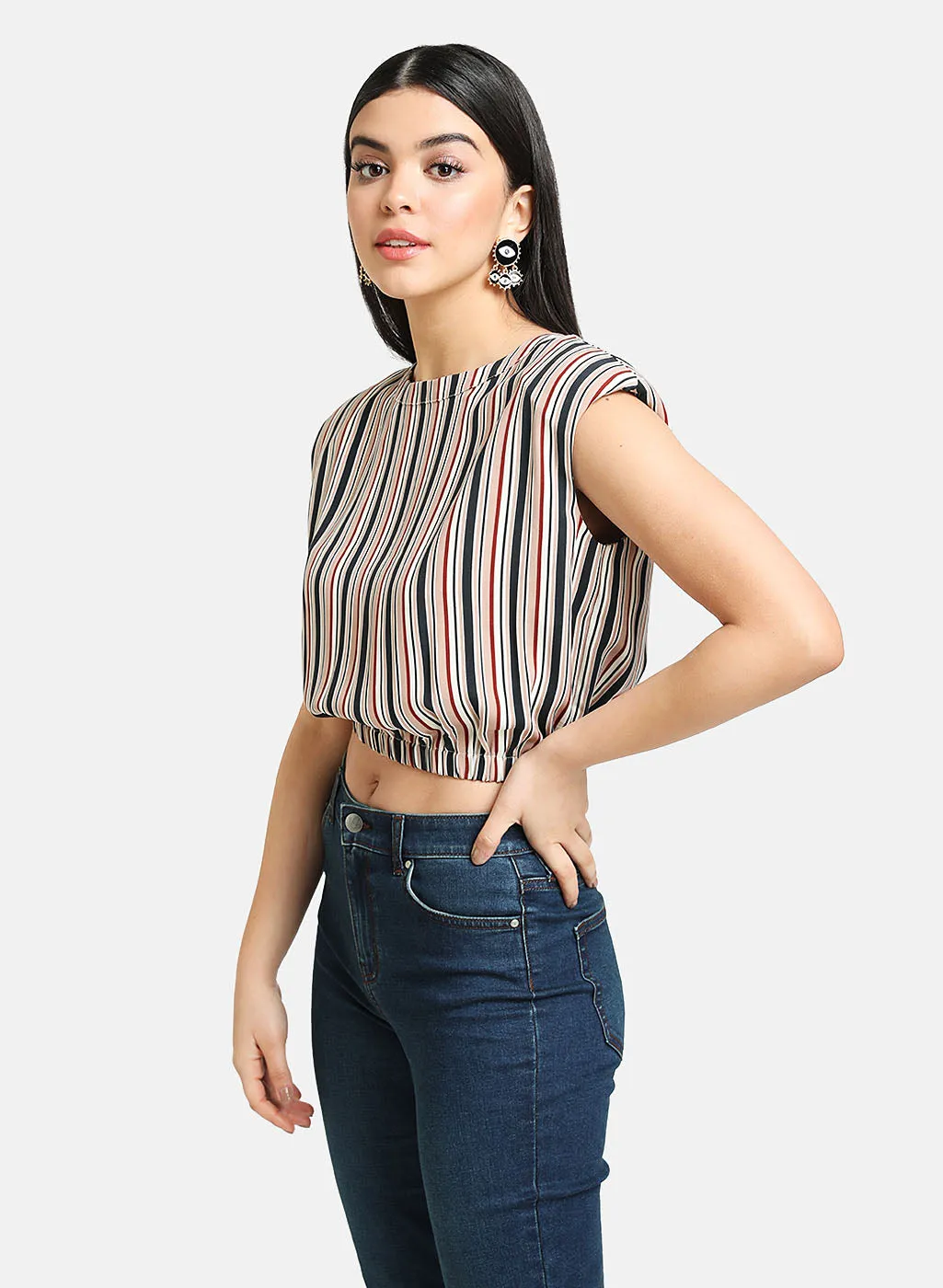 Printed Stripe Top With Shoulder Pads