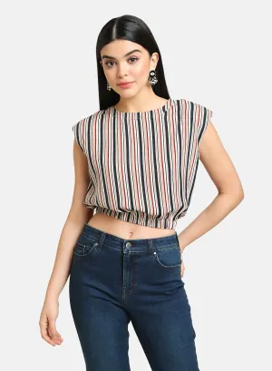 Printed Stripe Top With Shoulder Pads