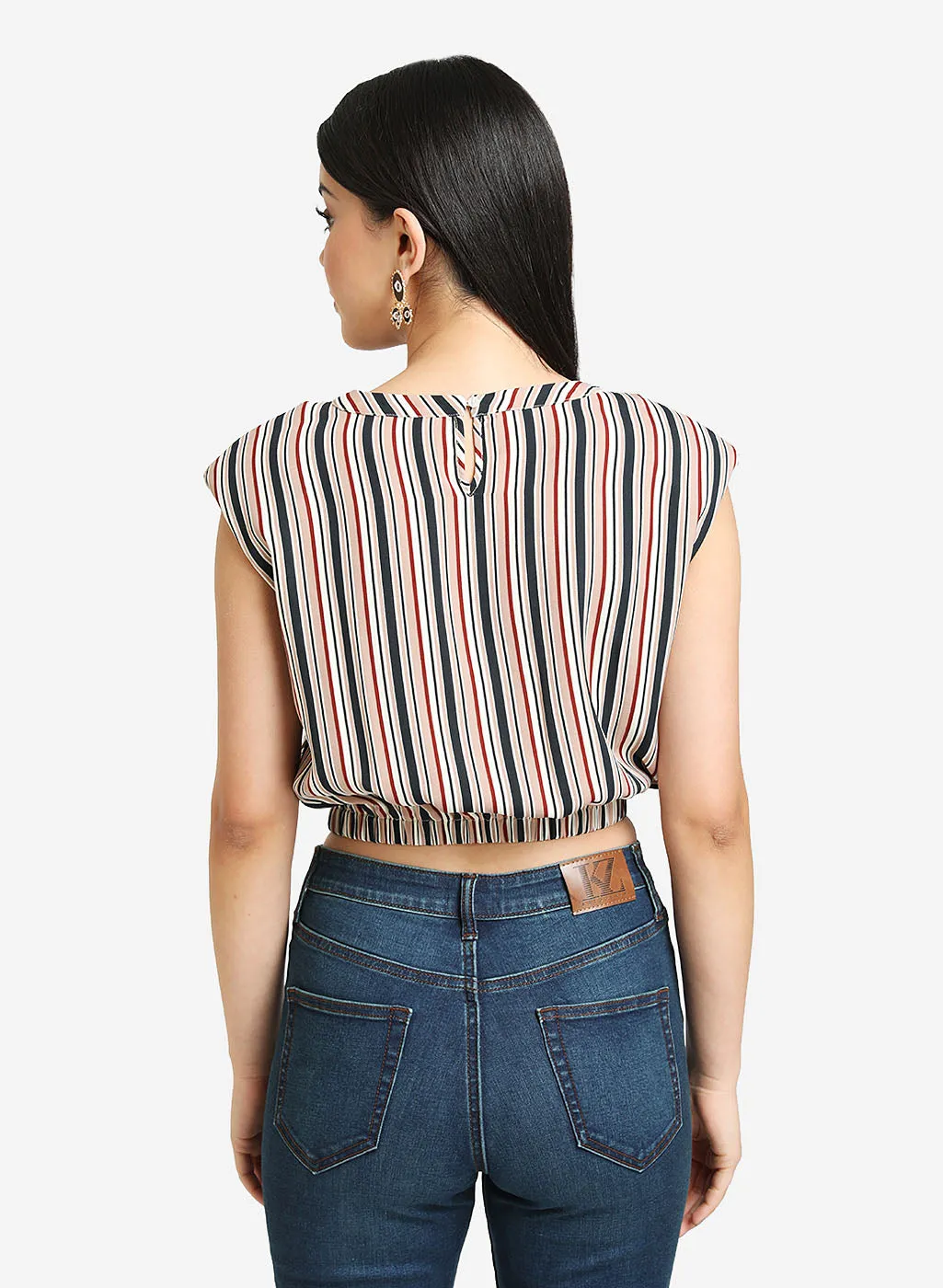 Printed Stripe Top With Shoulder Pads