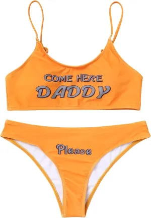 "Flirty 2-Piece 'Yes Daddy Please' Printed Bikini Set - Padded Bra Top & Panty for Ultimate Beach Confidence!"