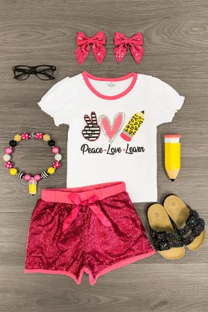 "Peace Love Learn" Pink Sequin Short Set