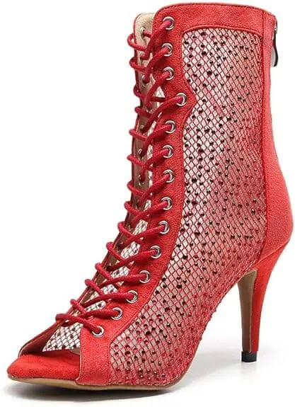 Red Dance Boots Rhinestone High Heels Dance Shoes