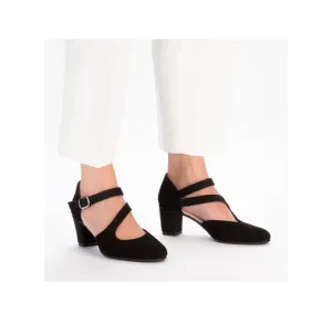 Rieker 41080-00 Black Suede Leather Block Heel Buckle Court Shoes