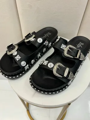 Rochelle Stud Detailed Black Double Strap Sandal