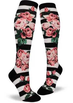 Roses on Stripes Women's Knee High Socks