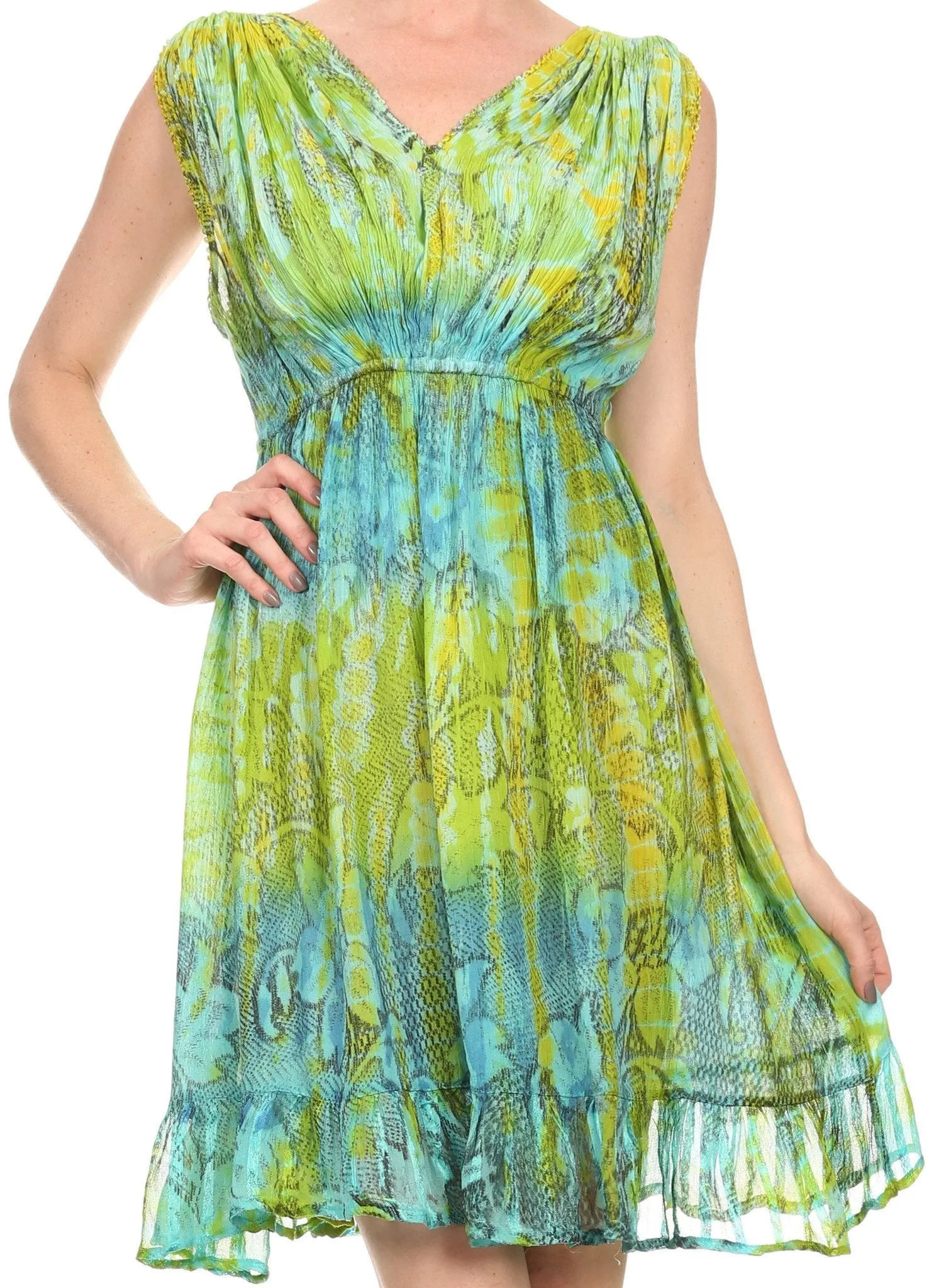 Sakkas Ganya Mid Length Ruffled Bottom Sleeveless Ombre Tie Dye Wash Batik Dress