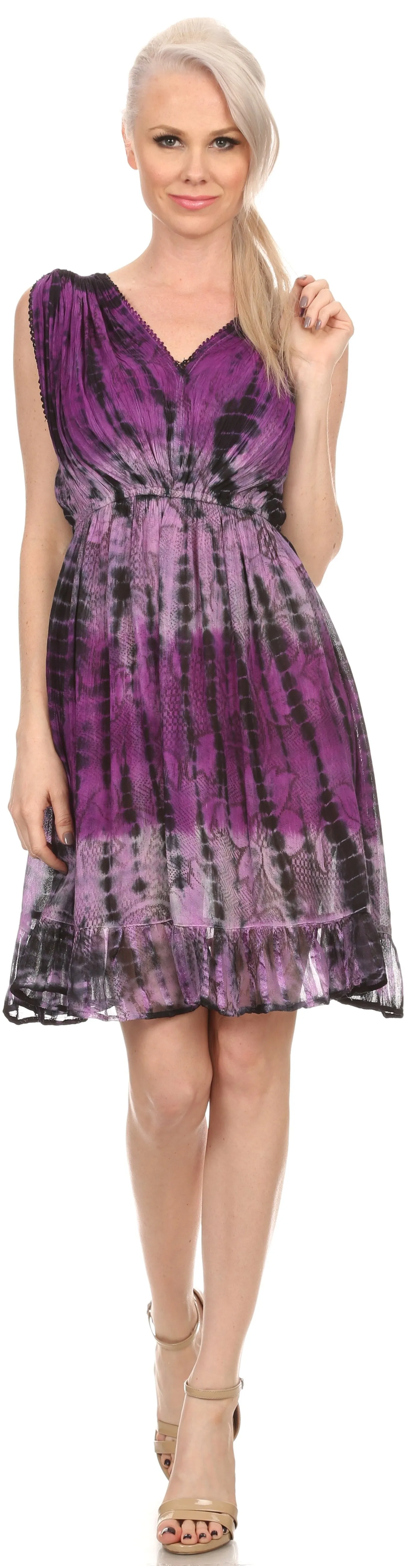 Sakkas Ganya Mid Length Ruffled Bottom Sleeveless Ombre Tie Dye Wash Batik Dress