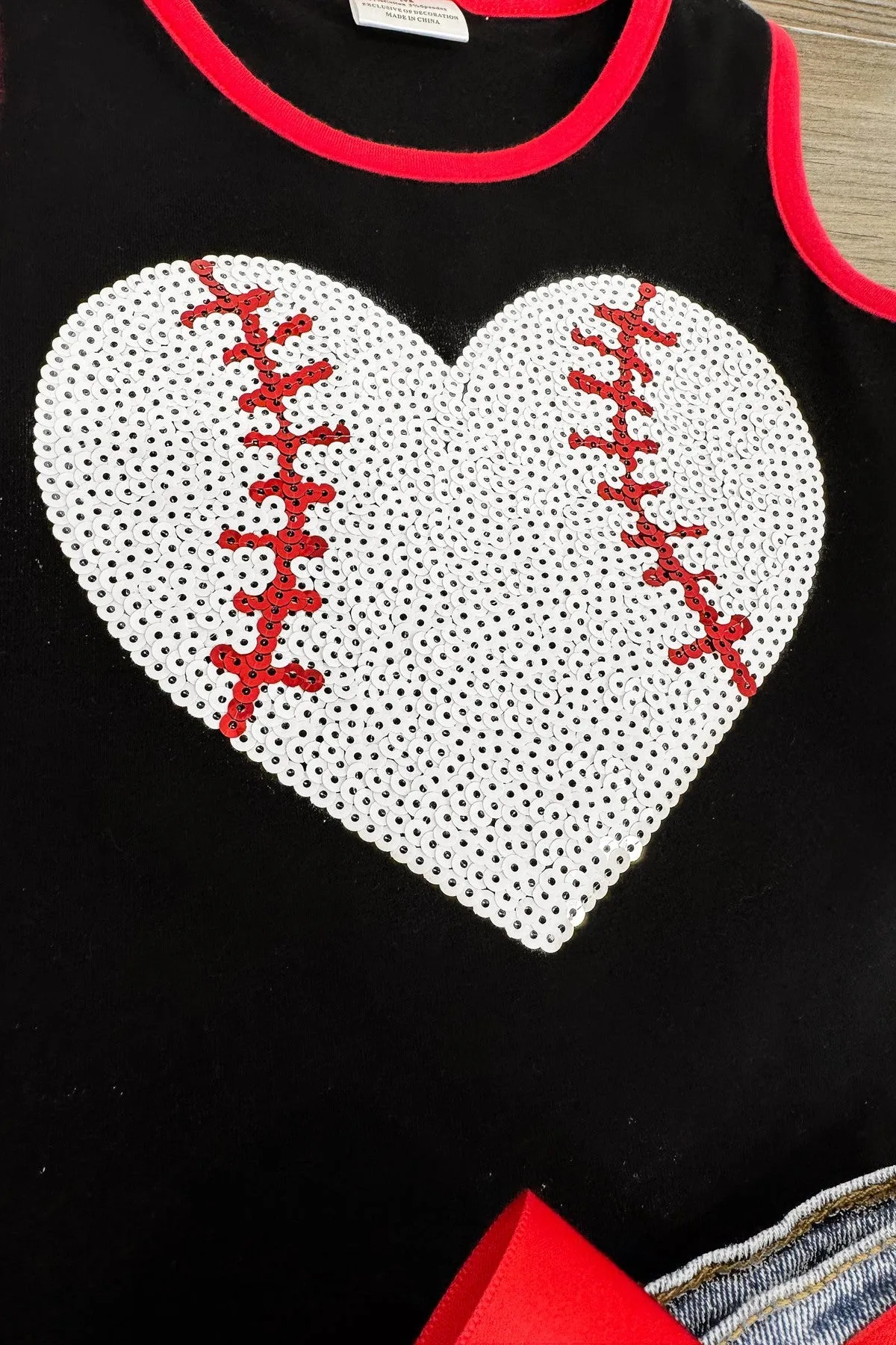 Sequin Baseball Heart Denim Short Set