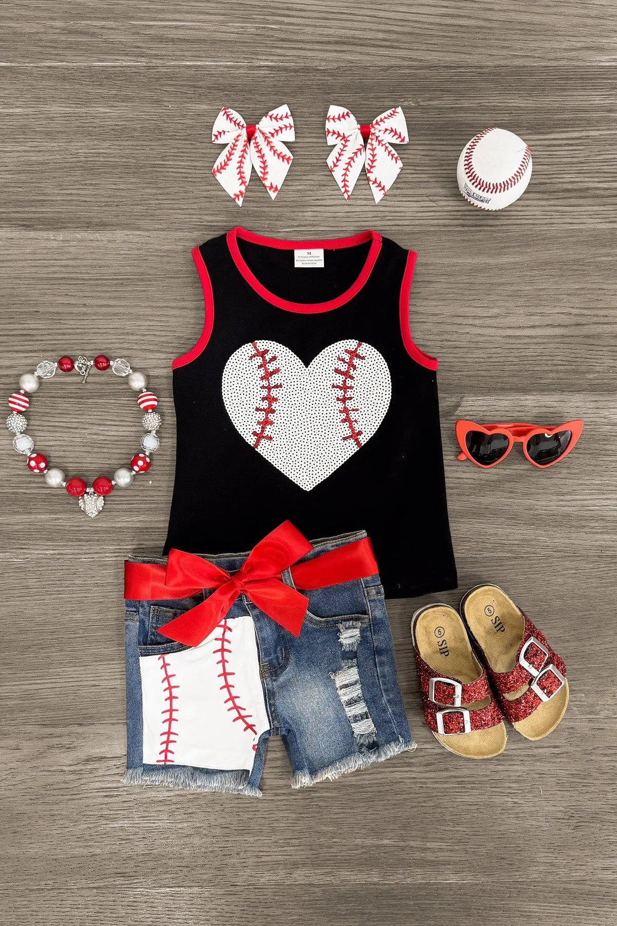 Sequin Baseball Heart Denim Short Set