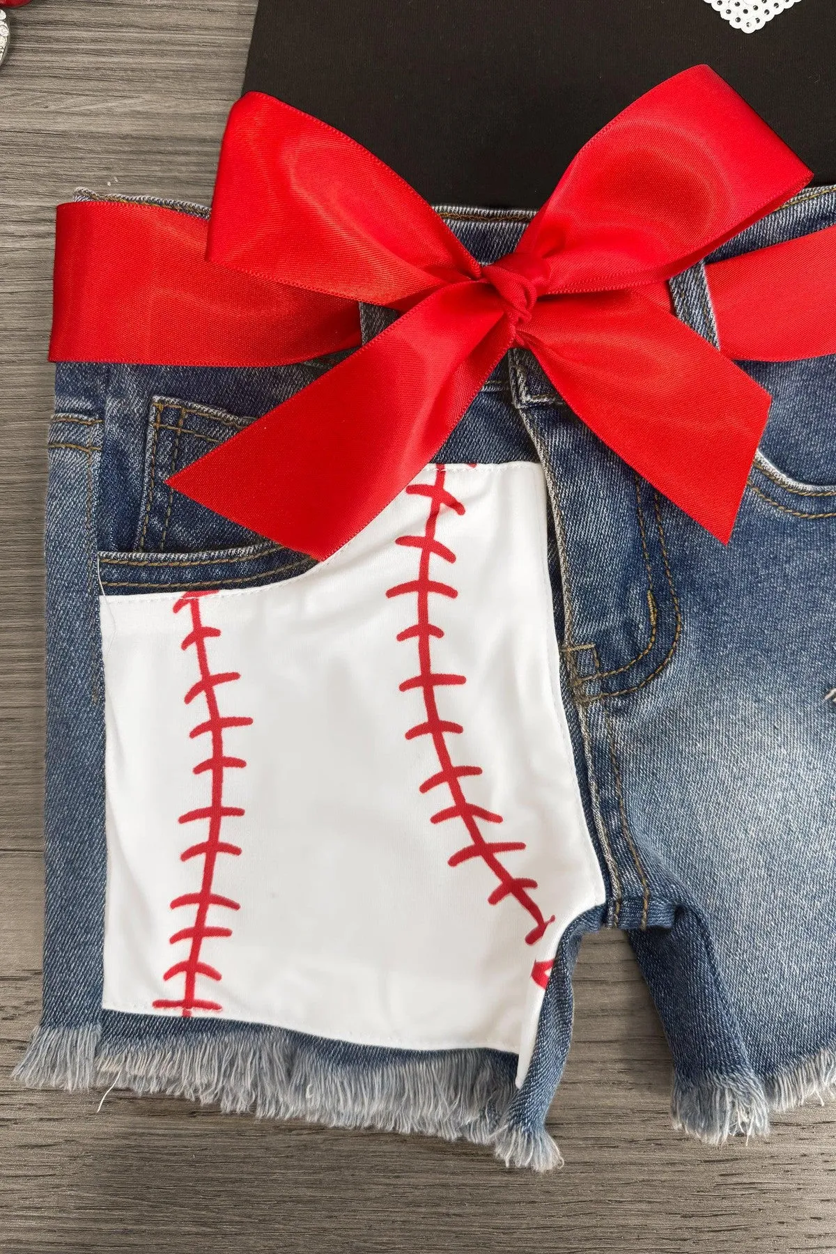 Sequin Baseball Heart Denim Short Set