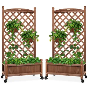 Set of 2 Wood Planter Box & Lattice Trellis w/ Optional Wheels - 48in