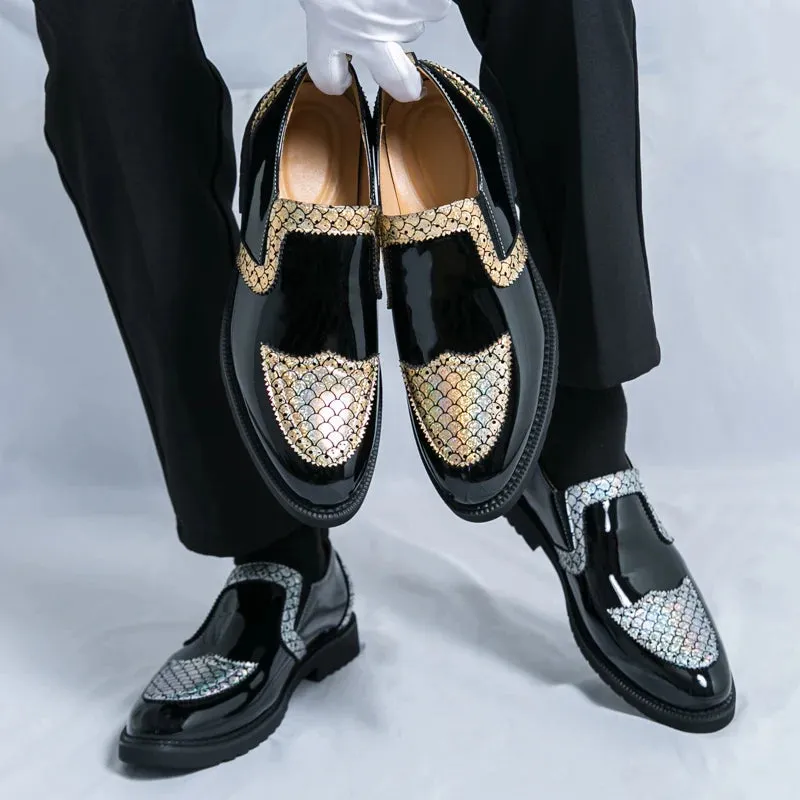 Shiny Geometric Pattern Leather Loafers