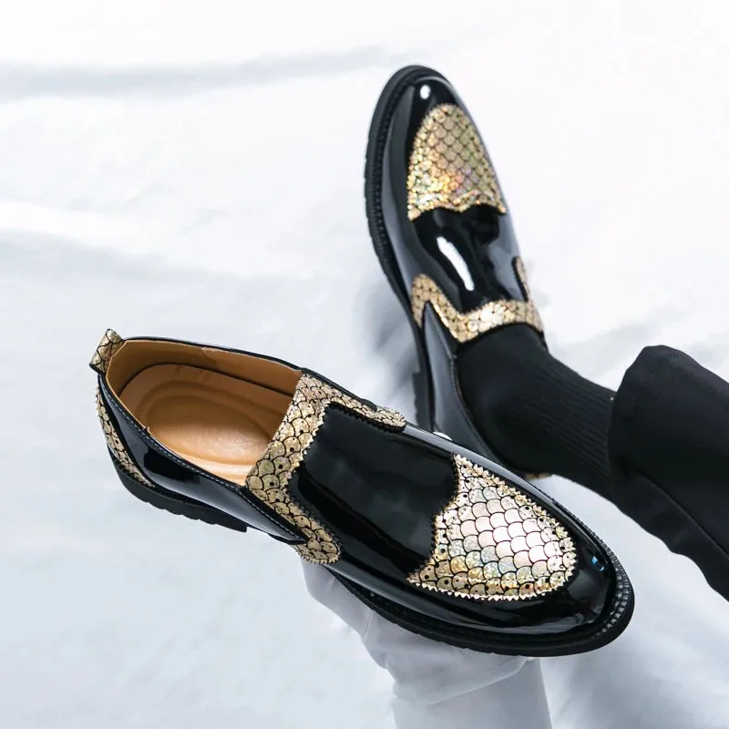 Shiny Geometric Pattern Leather Loafers