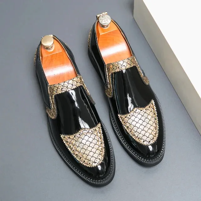 Shiny Geometric Pattern Leather Loafers