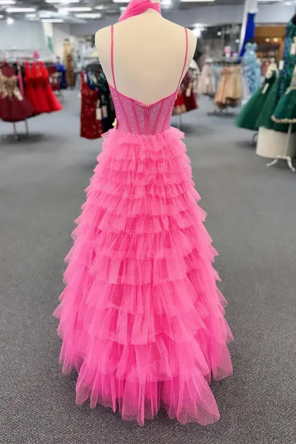 Spaghetti Strap Tiered Beaded Hot Pink Long Prom Dress PSK578