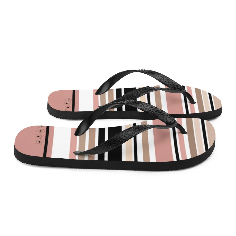 Striped Beige Black & Cream Flower Detail Flip Flops. Beach Shoes