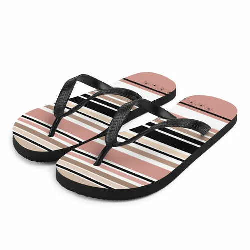 Striped Beige Black & Cream Flower Detail Flip Flops. Beach Shoes