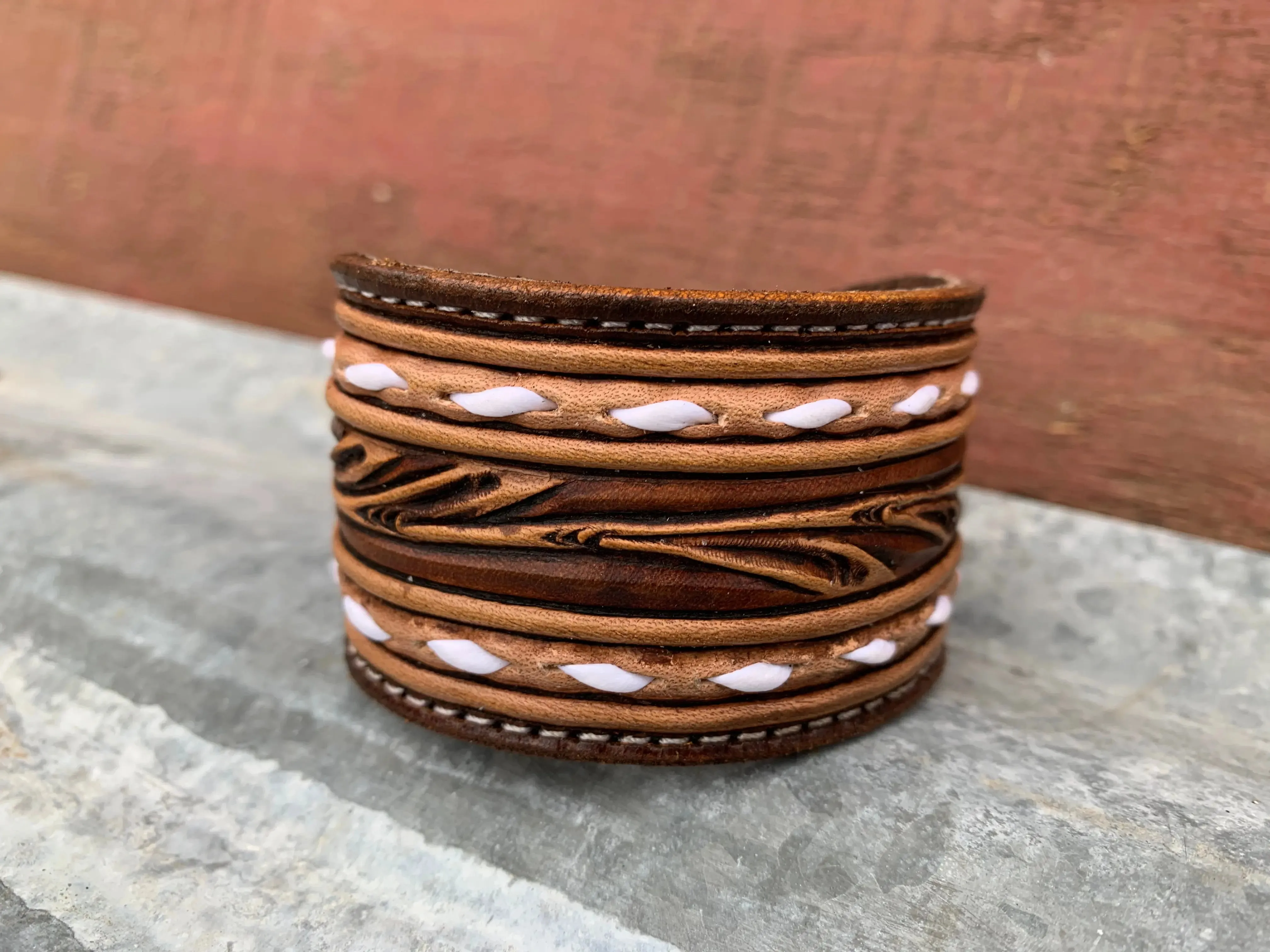 The Vera Hand Tooled leather Cuff Bracelet with Buckstitching