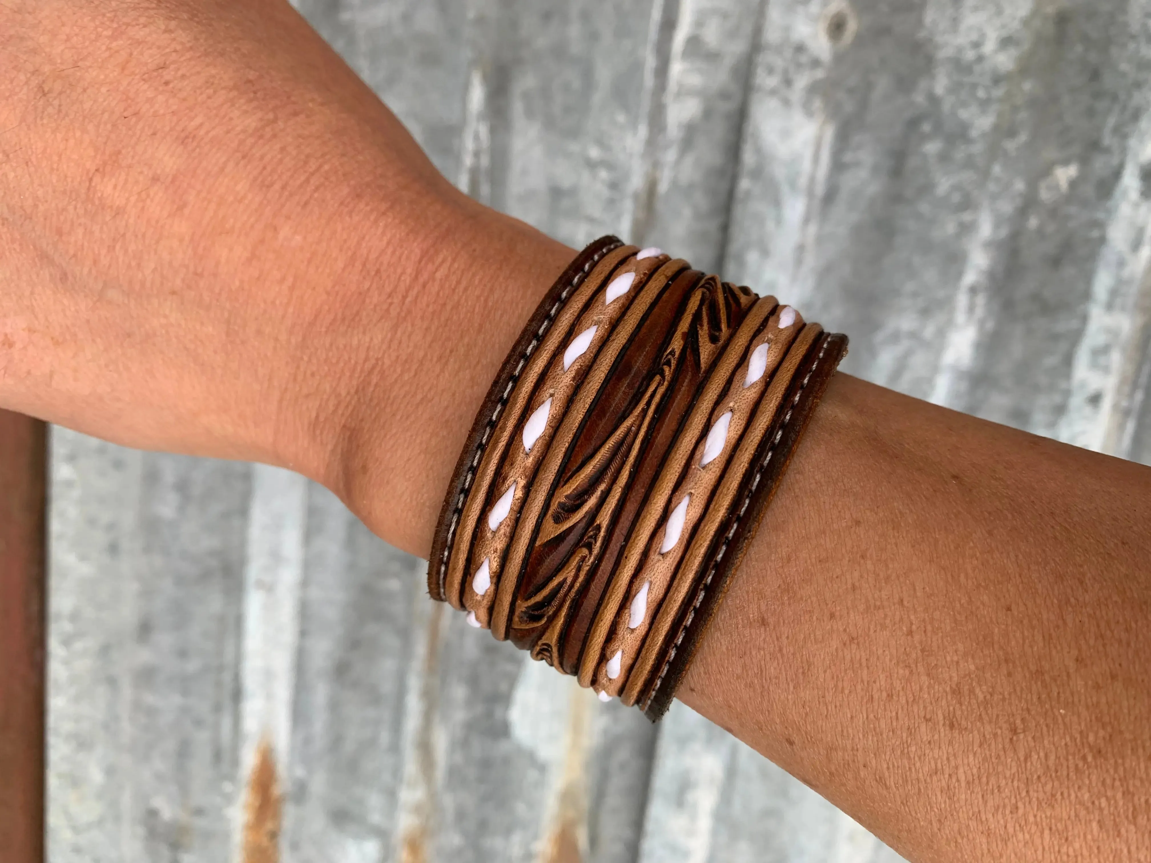 The Vera Hand Tooled leather Cuff Bracelet with Buckstitching