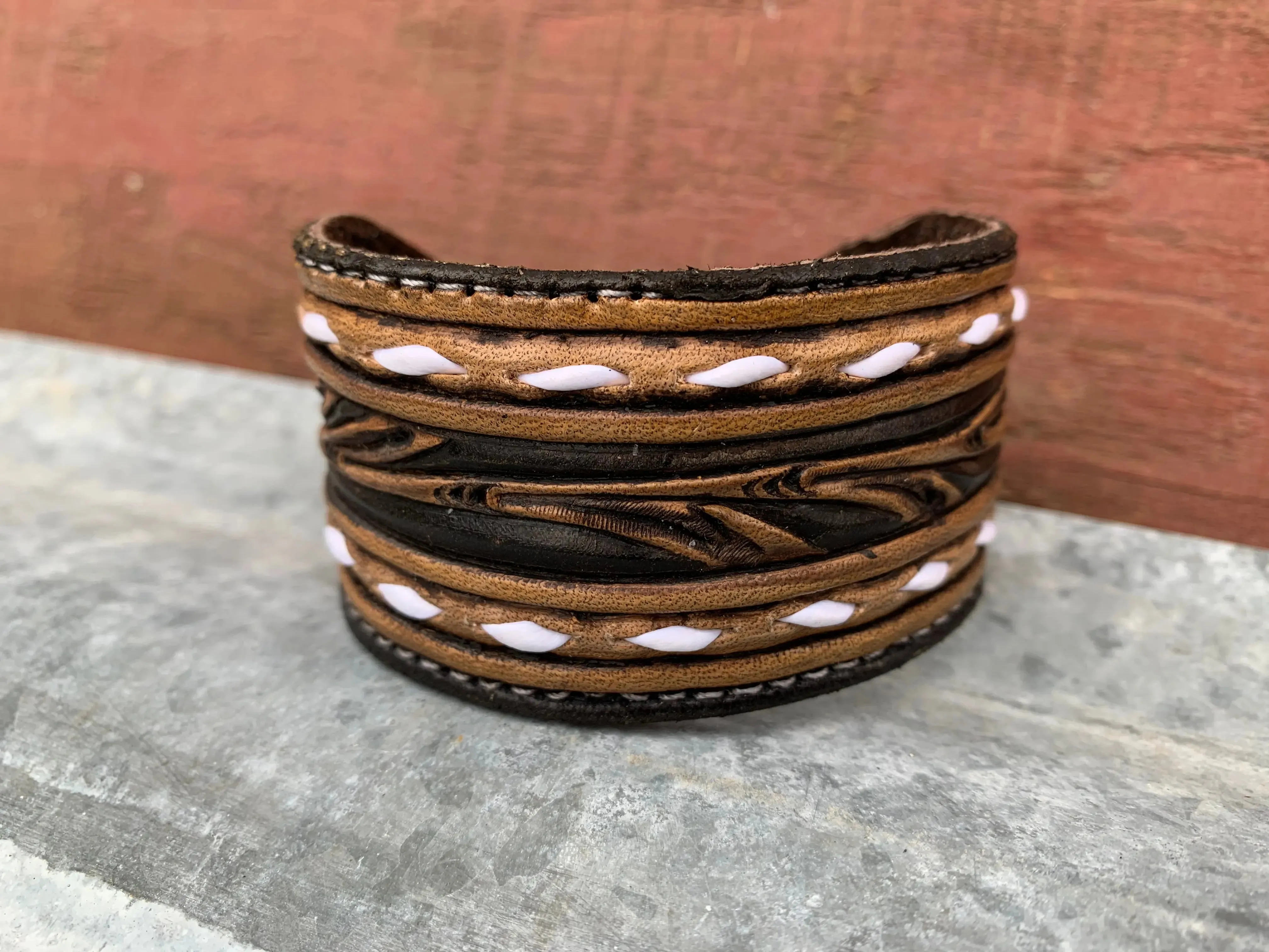 The Vera Hand Tooled leather Cuff Bracelet with Buckstitching