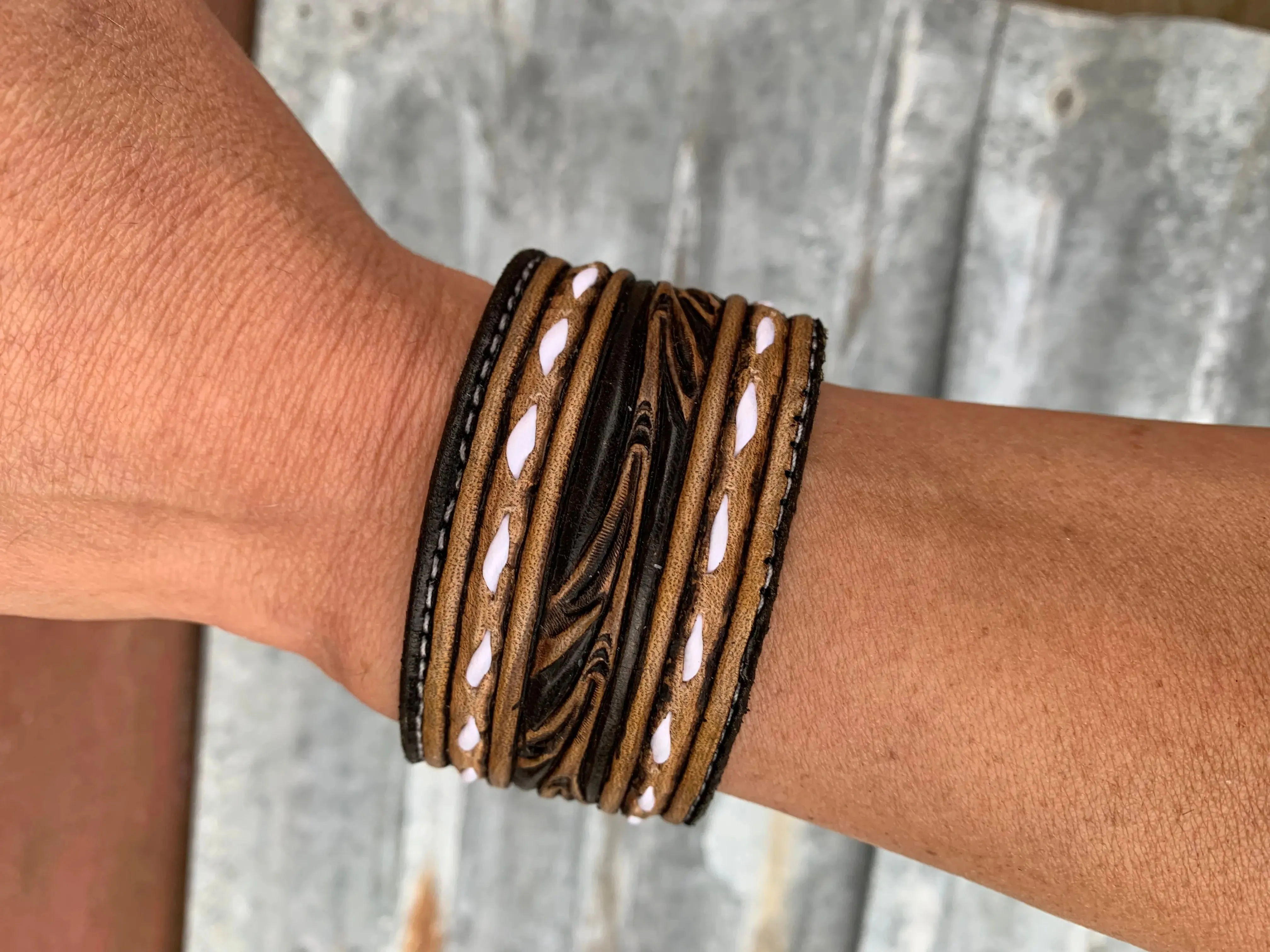 The Vera Hand Tooled leather Cuff Bracelet with Buckstitching