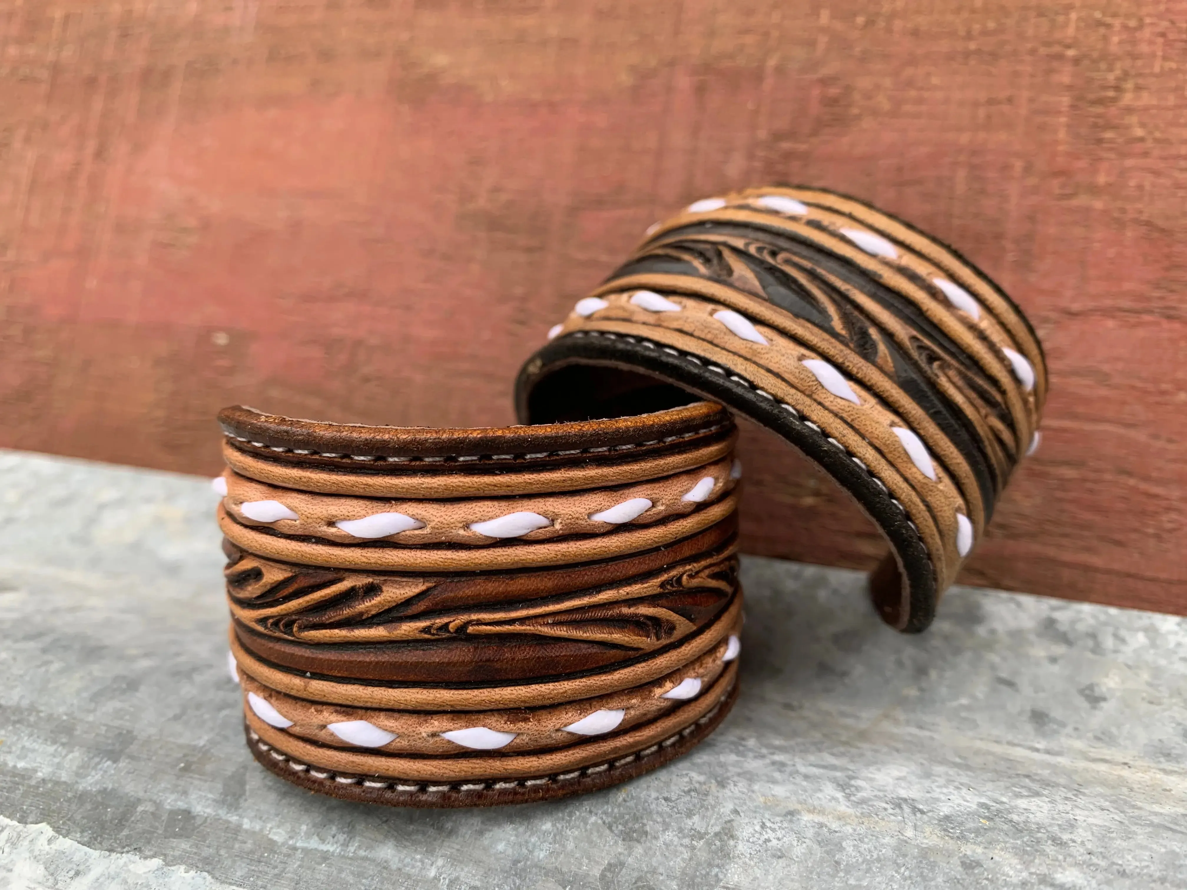 The Vera Hand Tooled leather Cuff Bracelet with Buckstitching