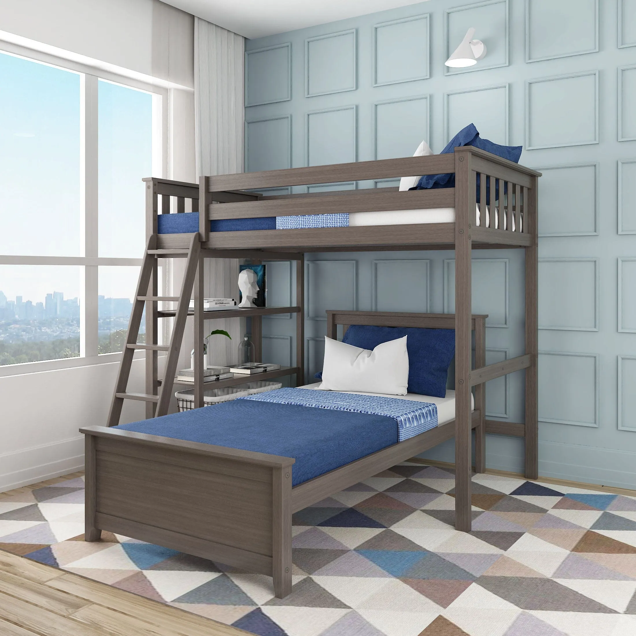 Twin Over Twin L-Shaped Bunk Bed With Bookcase