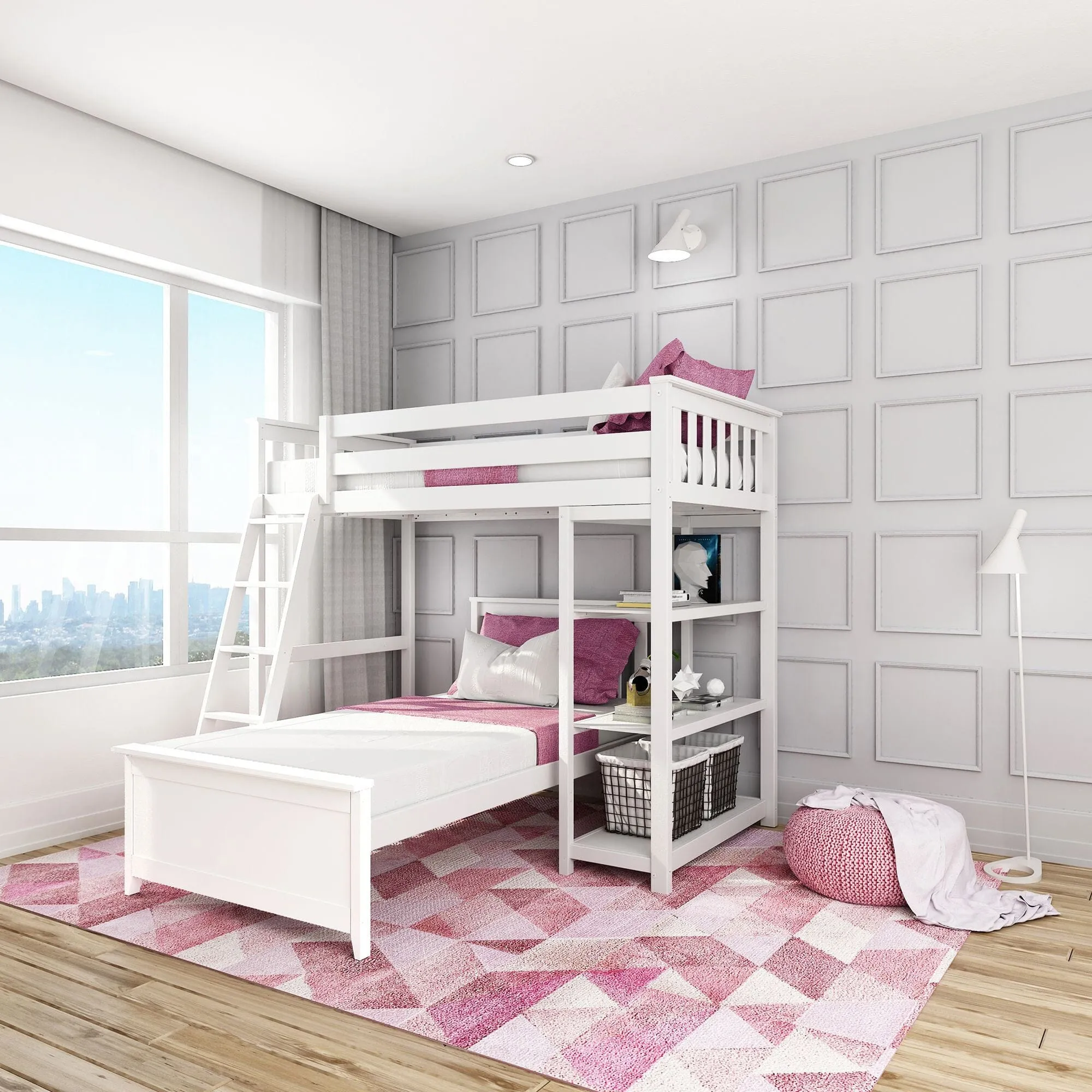 Twin Over Twin L-Shaped Bunk Bed With Bookcase